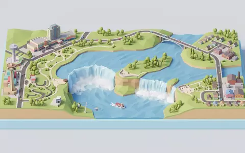 Isometrisches Diorama von Niagara-Fälle und Umgebung in Niagara Falls USA/Kanada, verspielte Low-Poly-Kulisse in Pastellfarben - Foto: THN