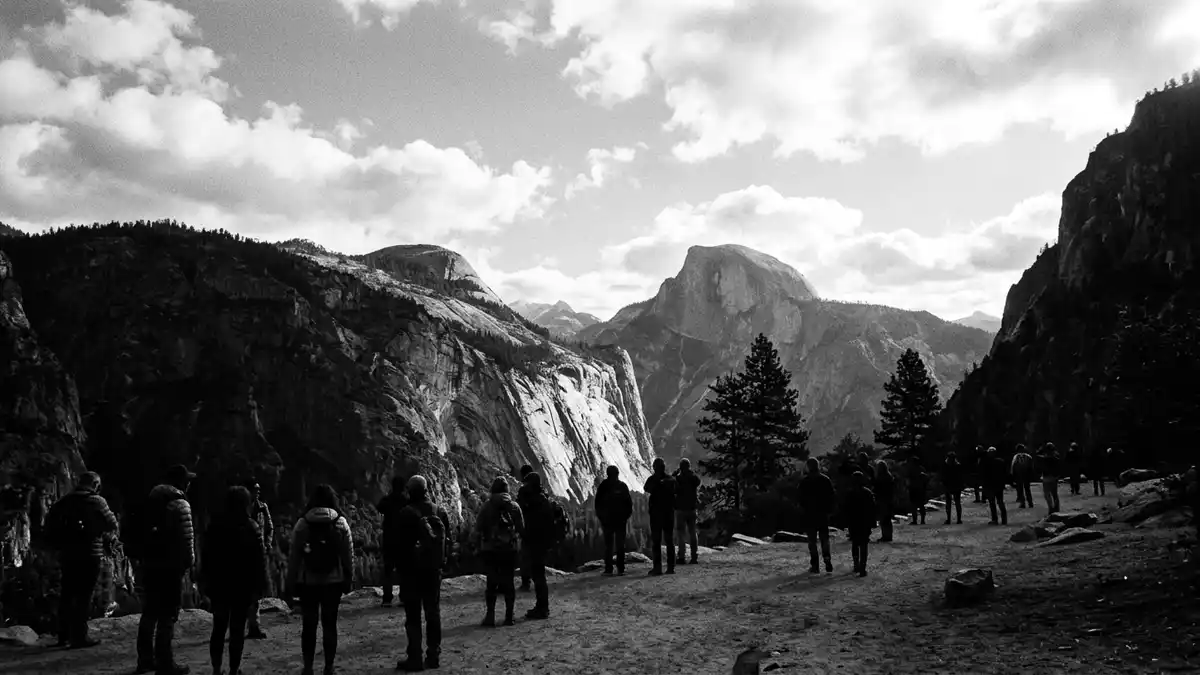 Schwarzweiss-Reportage vom Wahrzeichen Yosemite-Nationalpark in Yosemite Valley, USA