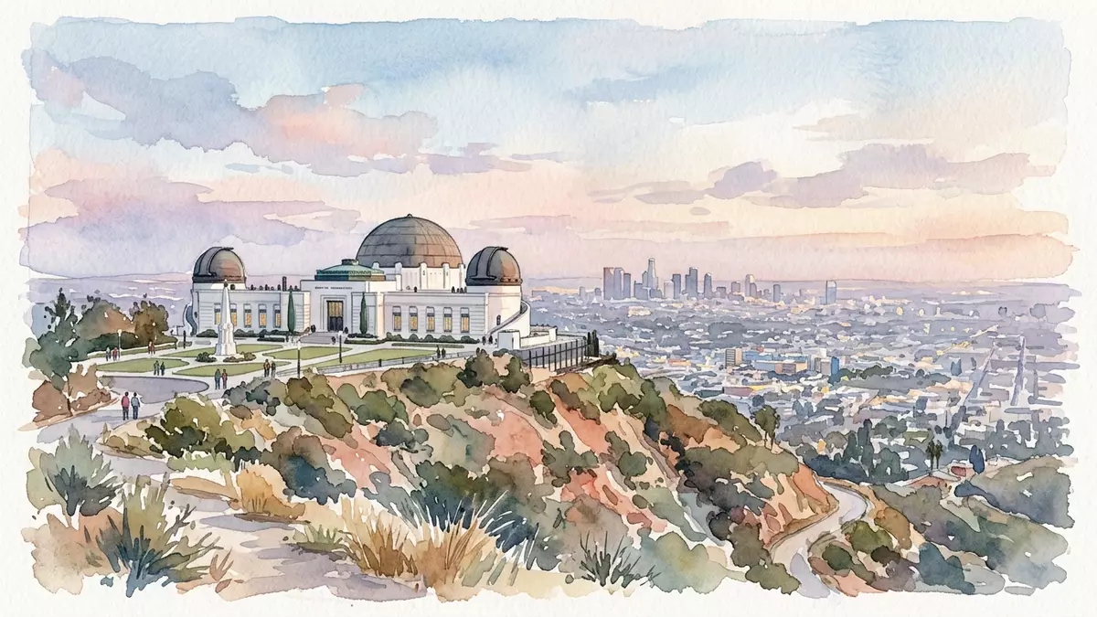 Aquarell-Illustration von Griffith Observatory in Los Angeles, USA als Reiseposter