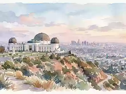 Aquarellillustration des Wahrzeichens Griffith Observatory in Los Angeles USA, weiche Farbverläufe und pastelliges Reiseposter-Feeling - Foto: THN