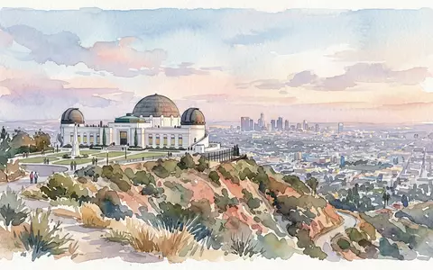 Aquarellillustration des Wahrzeichens Griffith Observatory in Los Angeles USA, weiche Farbverläufe und pastelliges Reiseposter-Feeling - Foto: THN