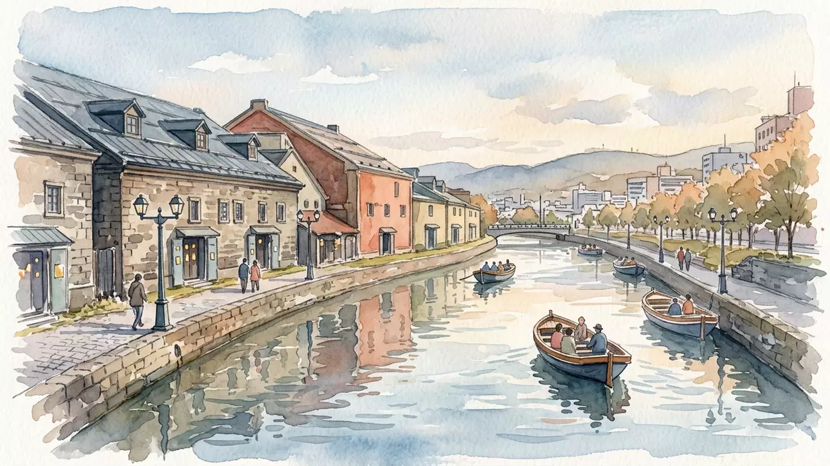 Aquarell-Illustration von Otaru-Kanal in Otaru, Japan als Reiseposter