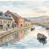 Aquarellillustration des Wahrzeichens Otaru-Kanal in Otaru Japan, weiche Farbverläufe und pastelliges Reiseposter-Feeling - Foto: THN