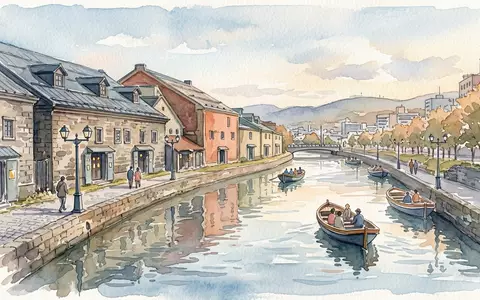 Aquarellillustration des Wahrzeichens Otaru-Kanal in Otaru Japan, weiche Farbverläufe und pastelliges Reiseposter-Feeling - Foto: THN