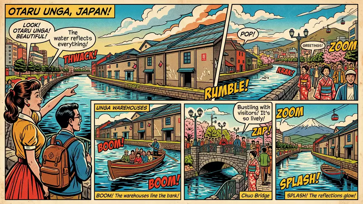 Pop-Art-Comic von Otaru-Kanal in Otaru, Japan mit Rasterpunkten