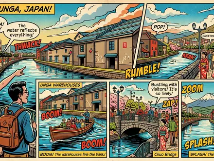 Pop-Art-Comicillustration des Wahrzeichens Otaru-Kanal in Otaru Japan, kraeftige Konturen Rasterpunkte und satte Farben - Foto: THN