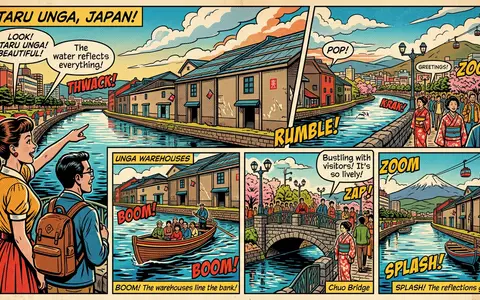Pop-Art-Comicillustration des Wahrzeichens Otaru-Kanal in Otaru Japan, kraeftige Konturen Rasterpunkte und satte Farben - Foto: THN