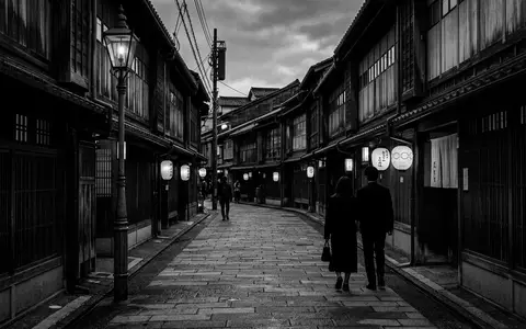 Schwarzweiss-Reportagebild vom Wahrzeichen Higashi Chaya District in Kanazawa Japan, dokumentarische Reisefotografie mit starken Kontrasten - Foto: THN