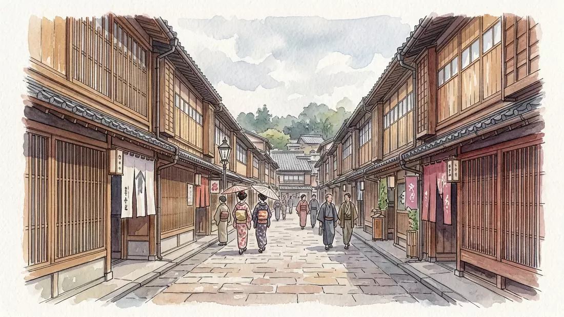 Aquarell-Illustration von Higashi Chaya District in Kanazawa, Japan als Reiseposter