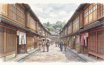 Aquarellillustration des Wahrzeichens Higashi Chaya District in Kanazawa Japan, weiche Farbverläufe und pastelliges Reiseposter-Feeling - Foto: THN