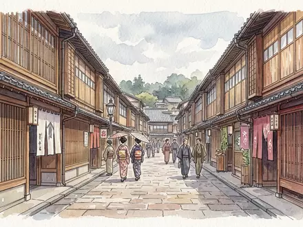 Aquarellillustration des Wahrzeichens Higashi Chaya District in Kanazawa Japan, weiche Farbverläufe und pastelliges Reiseposter-Feeling - Foto: THN