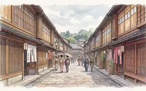 Aquarellillustration des Wahrzeichens Higashi Chaya District in Kanazawa Japan, weiche Farbverläufe und pastelliges Reiseposter-Feeling - Foto: THN