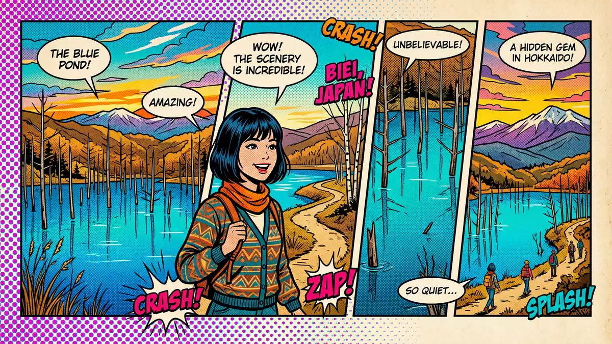 Pop-Art-Comic von Blauer Teich Biei in Biei, Japan mit Rasterpunkten