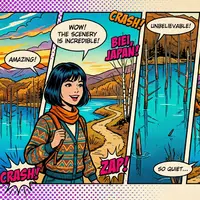 Pop-Art-Comicillustration des Wahrzeichens Blauer Teich Biei in Biei Japan, kraeftige Konturen Rasterpunkte und satte Farben - Foto: THN