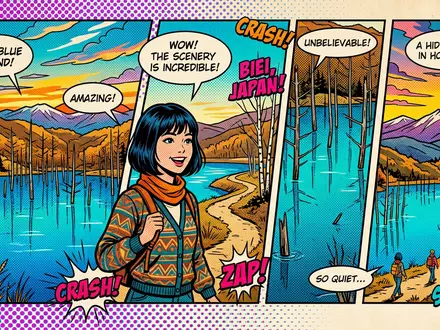 Pop-Art-Comicillustration des Wahrzeichens Blauer Teich Biei in Biei Japan, kraeftige Konturen Rasterpunkte und satte Farben - Foto: THN