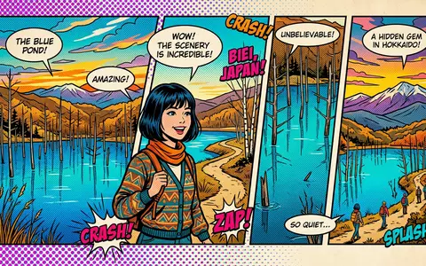 Pop-Art-Comicillustration des Wahrzeichens Blauer Teich Biei in Biei Japan, kraeftige Konturen Rasterpunkte und satte Farben - Foto: THN