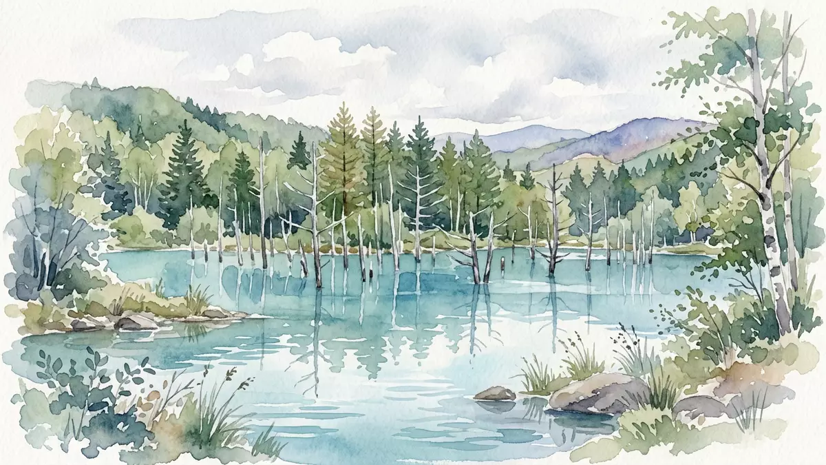 Aquarell-Illustration von Blauer Teich Biei in Biei, Japan als Reiseposter