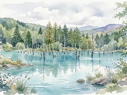 Aquarellillustration des Wahrzeichens Blauer Teich Biei in Biei Japan, weiche Farbverläufe und pastelliges Reiseposter-Feeling - Foto: THN