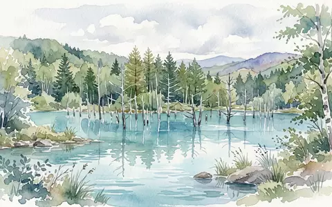Aquarellillustration des Wahrzeichens Blauer Teich Biei in Biei Japan, weiche Farbverläufe und pastelliges Reiseposter-Feeling - Foto: THN