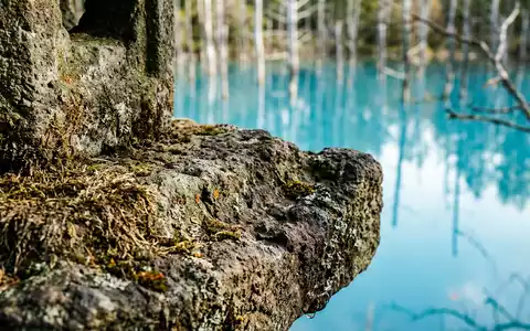 Extreme Makroaufnahme eines Materialdetails am Wahrzeichen Blauer Teich Biei in Biei Japan, taktile Struktur und - Foto: THN