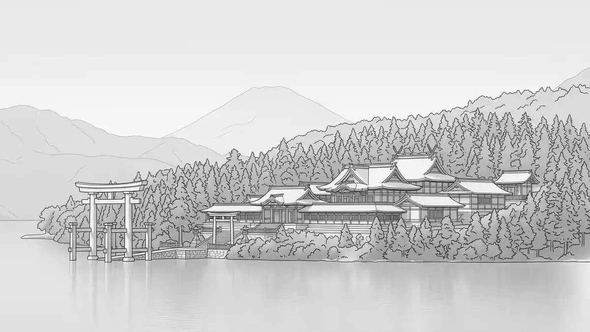 Architektur-Render von Hakone-Schrein in Hakone, Japan bei Tageslicht