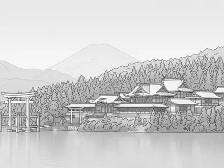 Moderner Architektur-Render zeigt Silhouette von Hakone-Schrein in Hakone Japan, klare Linien und neutrales Tageslicht - Foto: THN