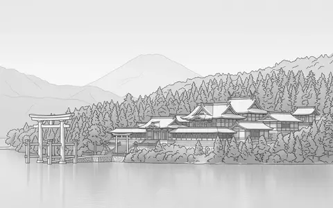Moderner Architektur-Render zeigt Silhouette von Hakone-Schrein in Hakone Japan, klare Linien und neutrales Tageslicht - Foto: THN
