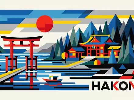 Bauhaus-Poster als geometrische Abstraktion von Hakone-Schrein in Hakone Japan, kraeftige Grundfarben und harte Formkanten - Foto: THN