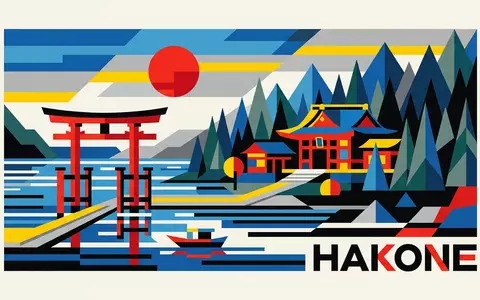 Bauhaus-Poster als geometrische Abstraktion von Hakone-Schrein in Hakone Japan, kraeftige Grundfarben und harte Formkanten - Foto: THN