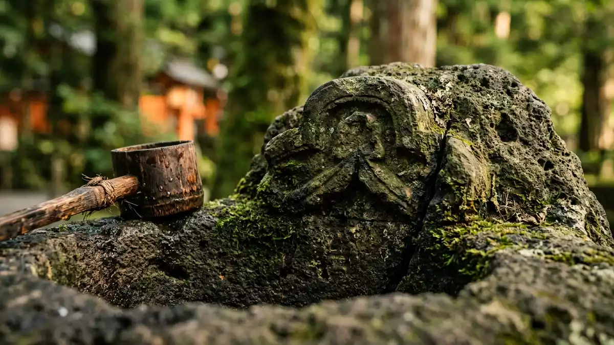Makroaufnahme eines Materialdetails am Wahrzeichen Hakone-Schrein, Hakone Japan
