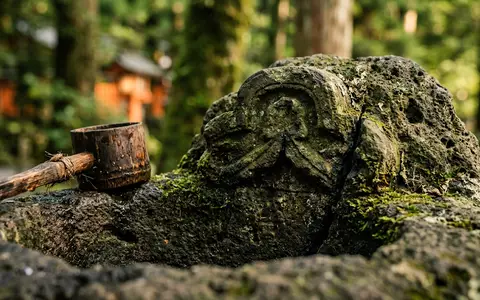 Extreme Makroaufnahme eines Materialdetails am Wahrzeichen Hakone-Schrein in Hakone Japan, taktile Struktur und weiches Seitenlicht - Foto: THN
