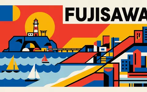 Bauhaus-Poster als geometrische Abstraktion von Enoshima in Fujisawa Japan, kraeftige Grundfarben und harte Formkanten - Foto: THN