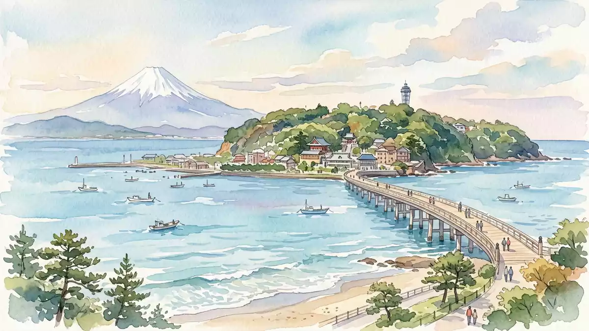 Aquarell-Illustration von Enoshima in Fujisawa, Japan als Reiseposter