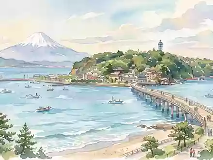 Aquarellillustration des Wahrzeichens Enoshima in Fujisawa Japan, weiche Farbverläufe und pastelliges Reiseposter-Feeling - Foto: THN