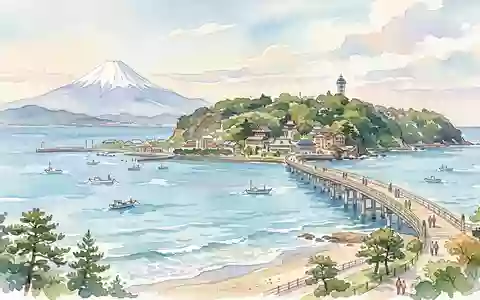 Aquarellillustration des Wahrzeichens Enoshima in Fujisawa Japan, weiche Farbverläufe und pastelliges Reiseposter-Feeling - Foto: THN