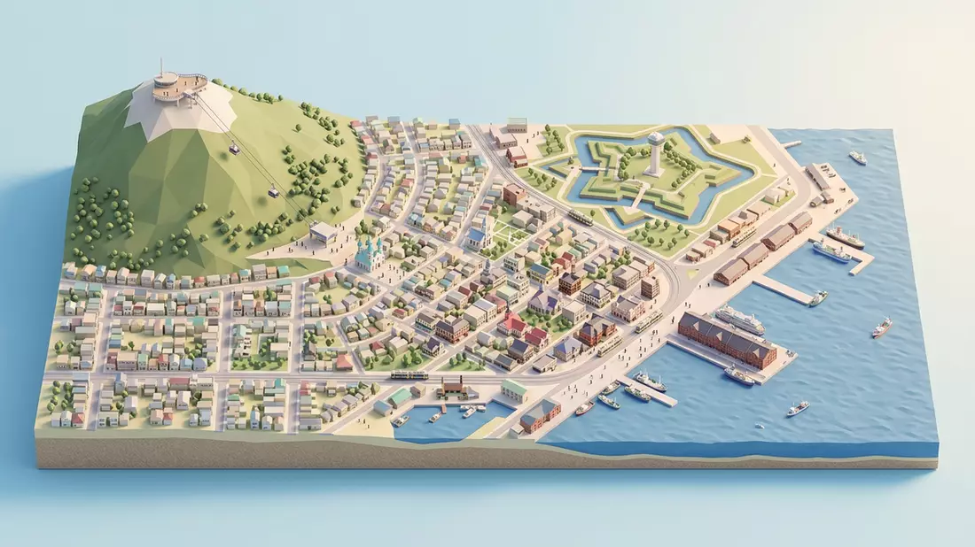 Isometrisches Diorama von Nachtblick Hakodate in Hakodate, Japan in Pastell
