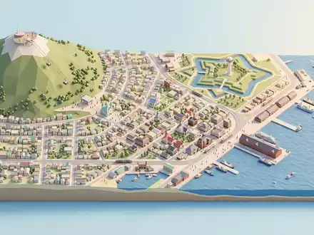 Isometrisches Diorama von Nachtblick Hakodate und Umgebung in Hakodate Japan, verspielte Low-Poly-Kulisse in Pastellfarben - Foto: THN