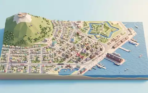 Isometrisches Diorama von Nachtblick Hakodate und Umgebung in Hakodate Japan, verspielte Low-Poly-Kulisse in Pastellfarben - Foto: THN
