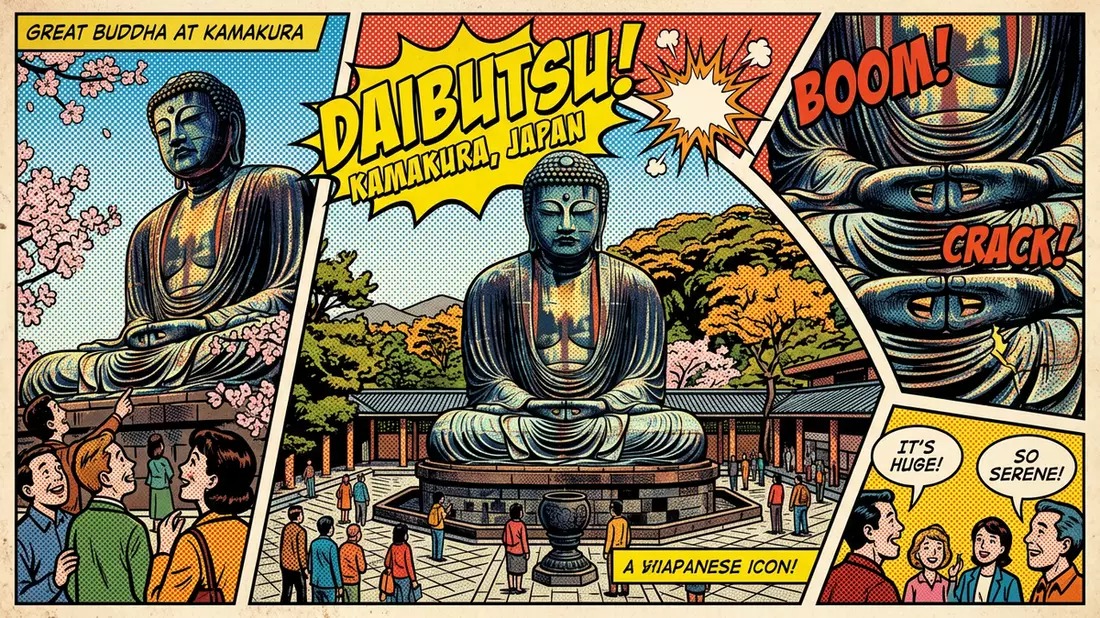 Pop-Art-Comic von Grosser Buddha von Kamakura in Kamakura, Japan mit Rasterpunkten