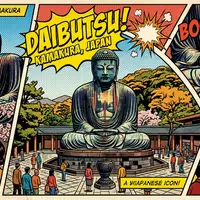 Pop-Art-Comicillustration des Wahrzeichens Grosser Buddha von Kamakura in Kamakura Japan, kraeftige Konturen Rasterpunkte und satte - Foto: THN