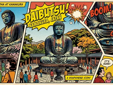Pop-Art-Comicillustration des Wahrzeichens Grosser Buddha von Kamakura in Kamakura Japan, kraeftige Konturen Rasterpunkte und satte - Foto: THN