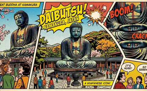 Pop-Art-Comicillustration des Wahrzeichens Grosser Buddha von Kamakura in Kamakura Japan, kraeftige Konturen Rasterpunkte und satte - Foto: THN