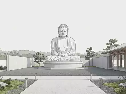 Moderner Architektur-Render zeigt Silhouette von Grosser Buddha von Kamakura in Kamakura Japan, klare Linien und - Foto: THN