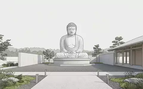 Moderner Architektur-Render zeigt Silhouette von Grosser Buddha von Kamakura in Kamakura Japan, klare Linien und - Foto: THN