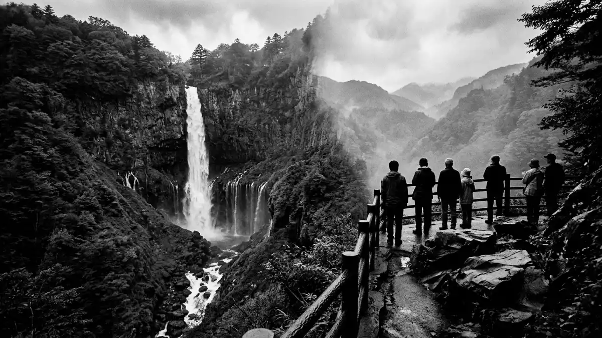 Schwarzweiss-Reportage vom Wahrzeichen Kegon-Fall Nikko in Nikko, Japan