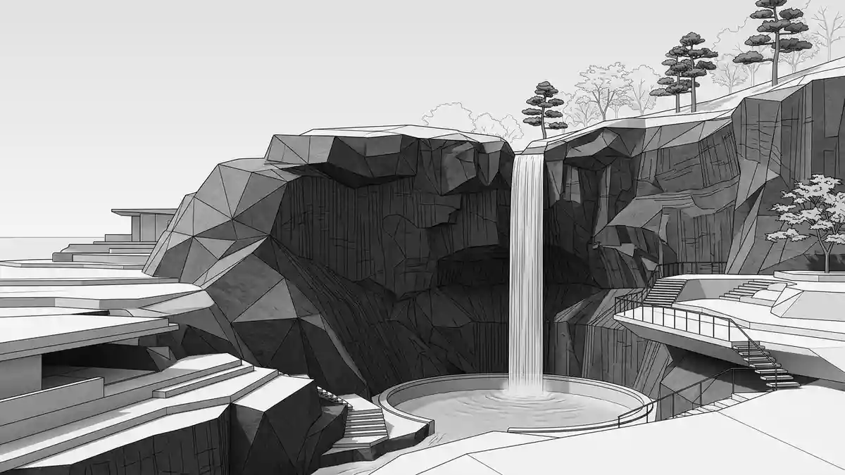 Kegon-Fall,  Kegon Falls,  Nikko,  Japan,  Kegon-Fall Light-up,  Reise,  Tourismus,  Wasserfall,  Lichtinstallation,  Taiko, Illustration mit AI erstellt.