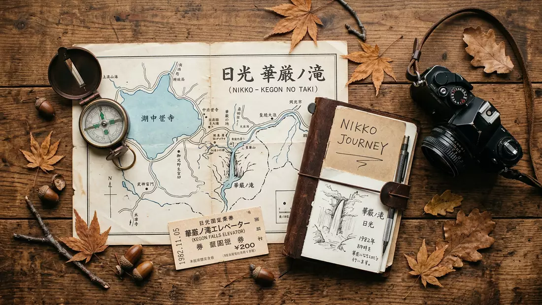 Flatlay-Reise-Arrangement rund um Kegon-Fall Nikko in Nikko, Japan