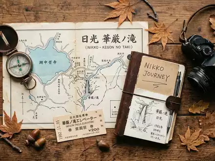 Flatlay-Reise-Arrangement rund um Kegon-Fall Nikko in Nikko Japan, Karte Kompass Kamera und generische Reiserequisiten - Foto: THN