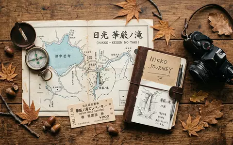 Flatlay-Reise-Arrangement rund um Kegon-Fall Nikko in Nikko Japan, Karte Kompass Kamera und generische Reiserequisiten - Foto: THN