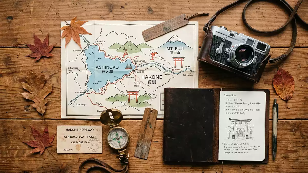 Flatlay-Reise-Arrangement rund um Ashi-See in Hakone, Japan